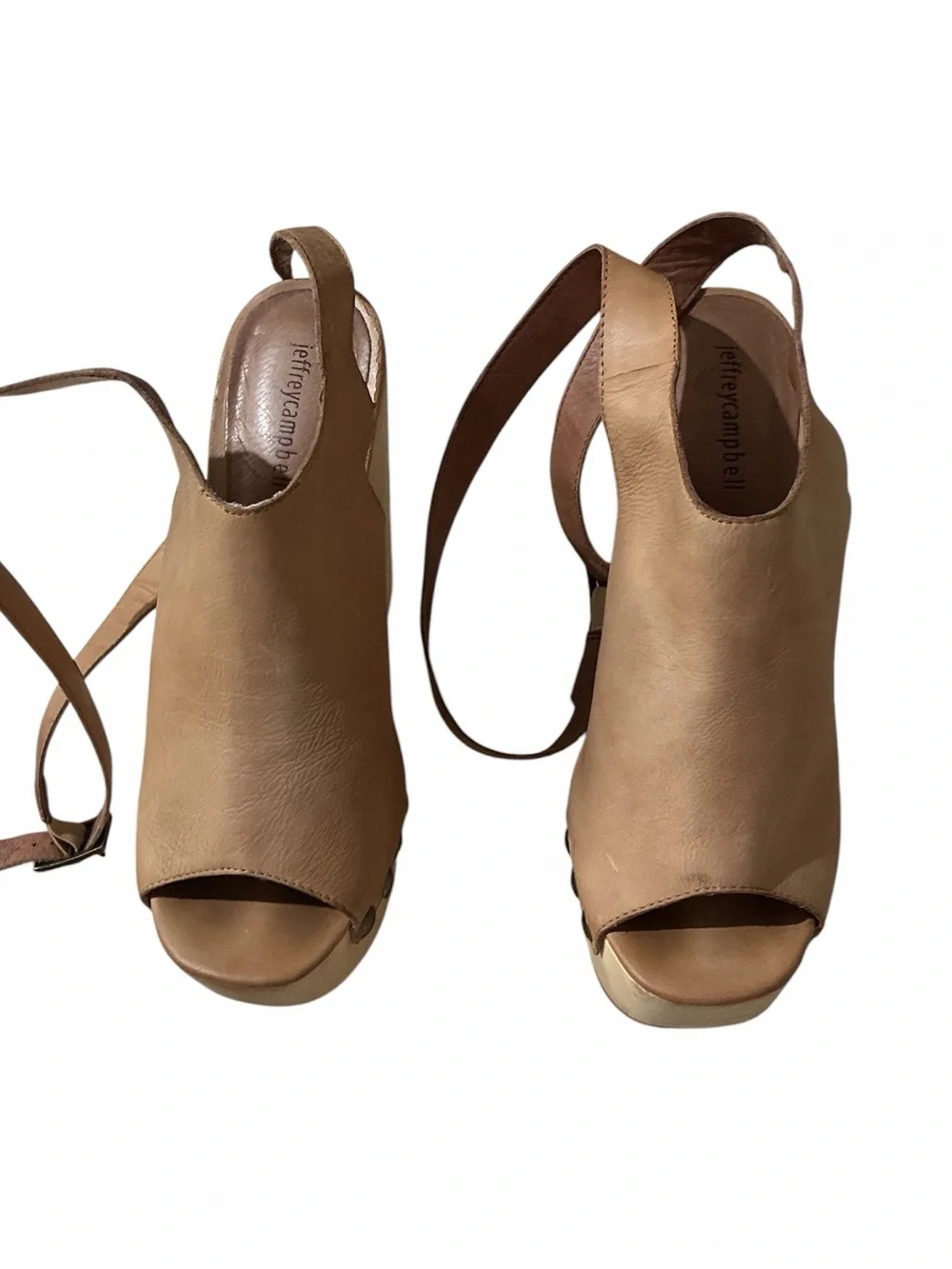 Vintage Y2K Jeffrey Campbell  Leather Wooden Wedge Peep-Toe Ankle Strap